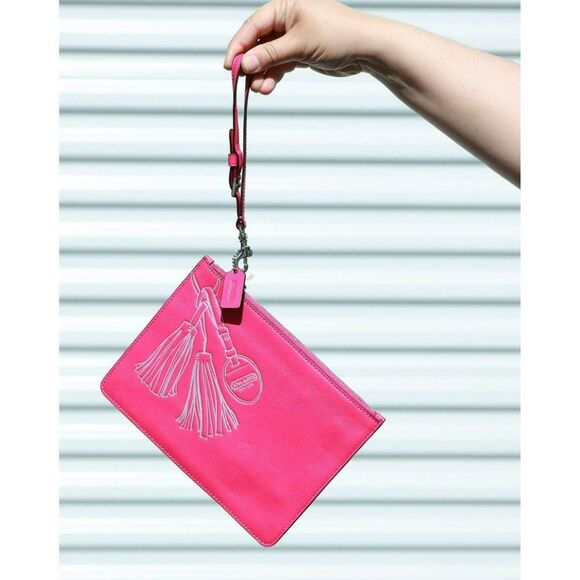 Coach Limited Edition Tassel Skinny Clutch Pouch Wristlet HOT PINK - Picture 1 of 9